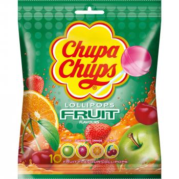 Chupa Chups Fruit 10er 10 einzeln verpackte Lollis mit Apfel-, Erdbeer-, Orange- oder Kirschgeschmack
