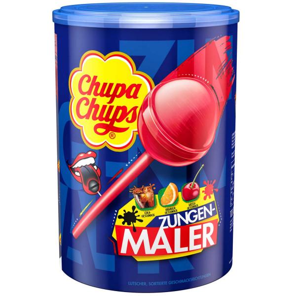 Chupa Chups Zungenmaler 100 zungenfärbende Kugel-Lollis mit Cola-, Kirsch- oder Orangengeschmack.
